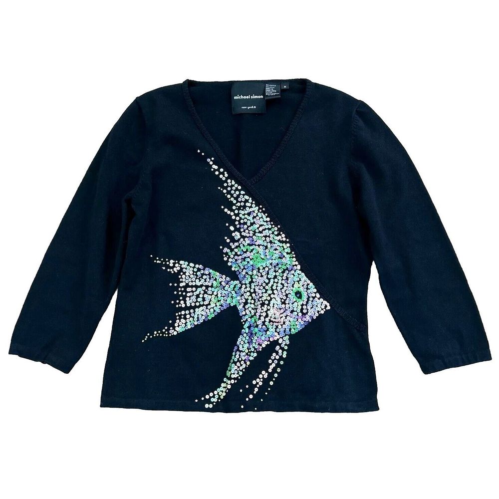 Michael Simon Sequin Fish Sweater Womens Medium Black Pullover Vintage Luxury